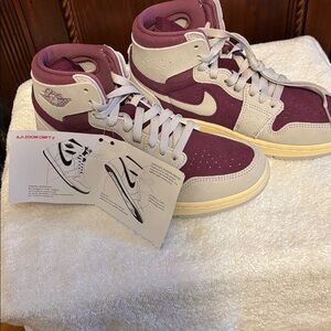 Air Jordan Nike High-Top 1 Zoom CMFT 2 Sneakers in Maroon and Beige- NWT